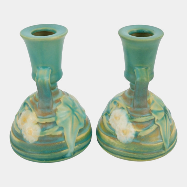 Roseville Luffa Green 1934 Vintage Art Pottery Ceramic Candle Holders 1097-4