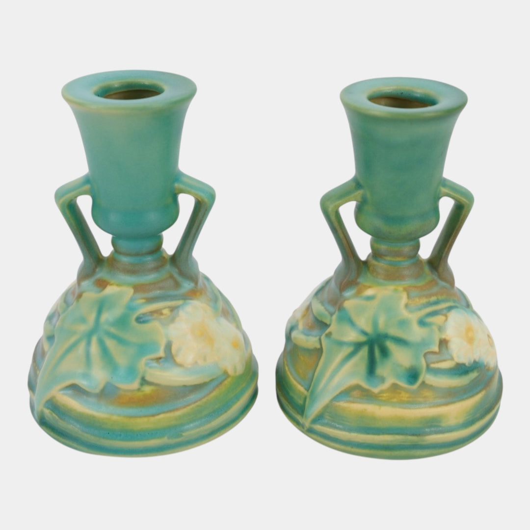 Roseville Luffa Green 1934 Vintage Art Pottery Ceramic Candle Holders 1097-4