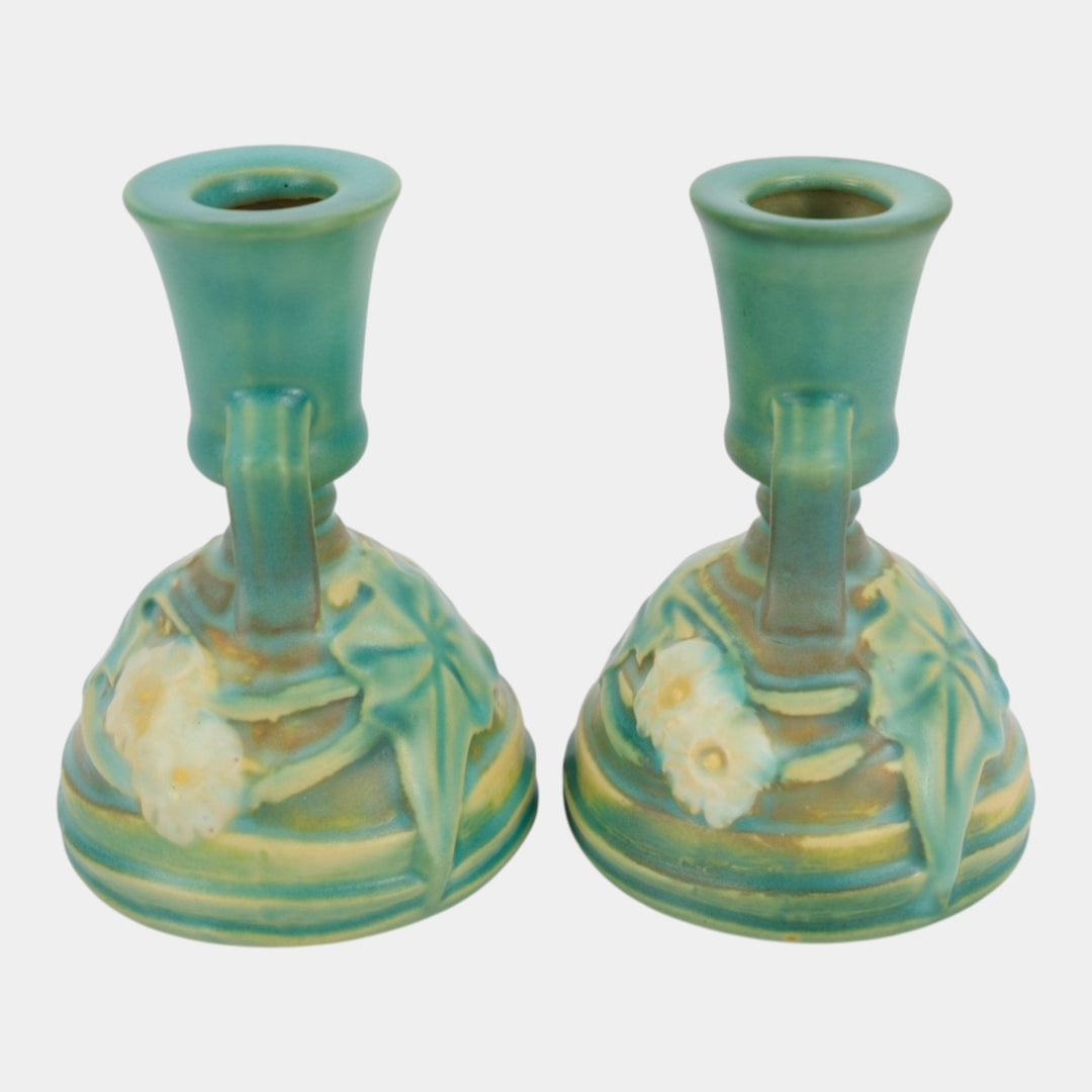 Roseville Luffa Green 1934 Vintage Art Pottery Ceramic Candle Holders 1097-4