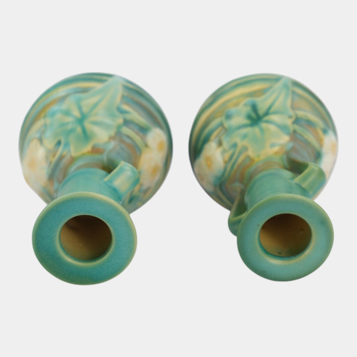 Roseville Luffa Green 1934 Vintage Art Pottery Ceramic Candle Holders 1097-4