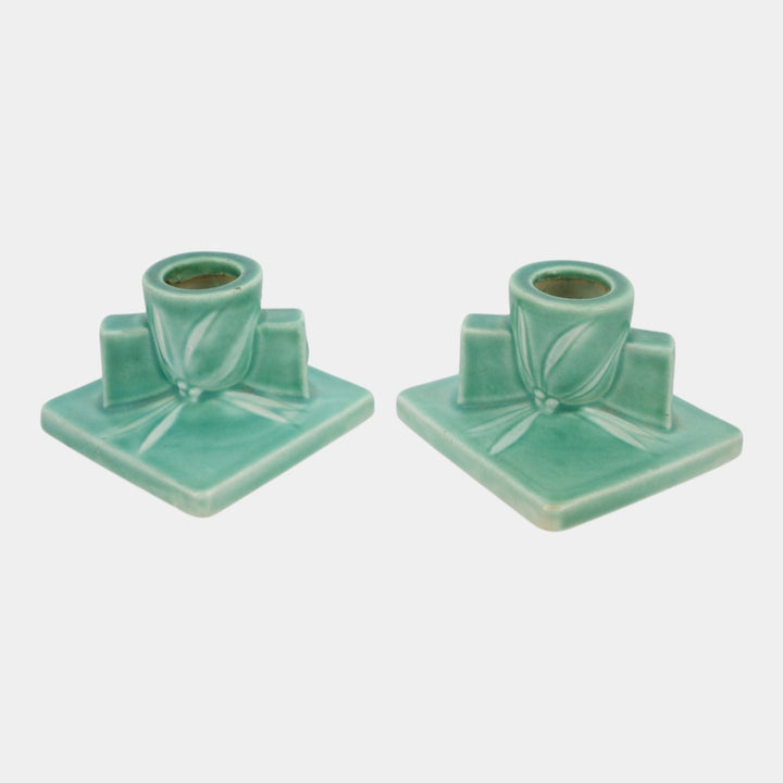 Roseville Dawn Green Vintage Art Deco Pottery Ceramic Candle Holders 1121