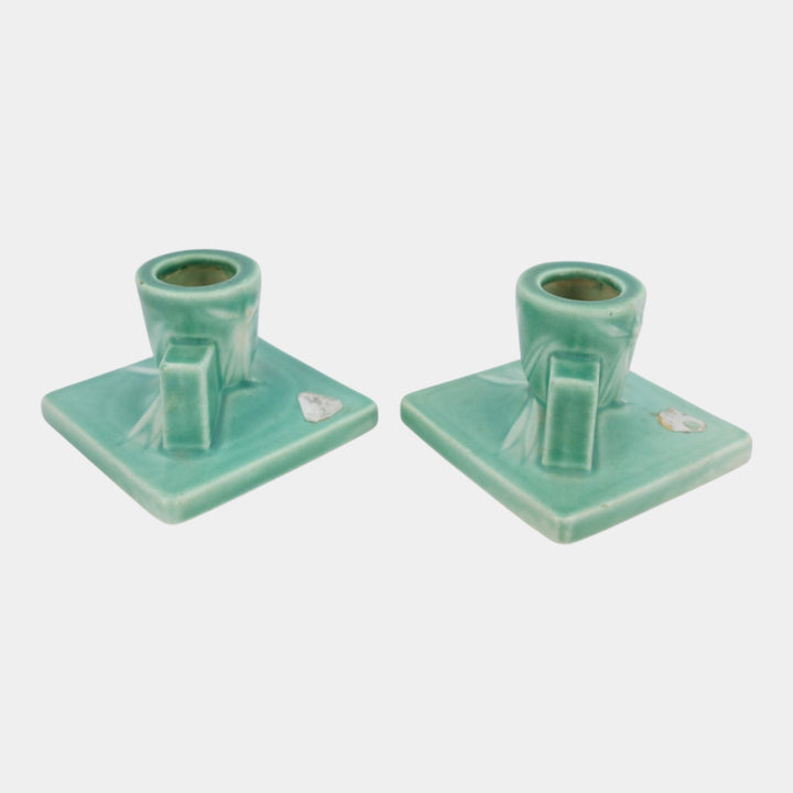 Roseville Dawn Green Vintage Art Deco Pottery Ceramic Candle Holders 1121