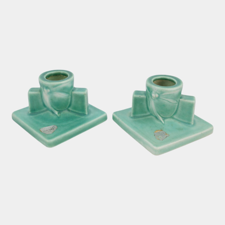 Roseville Dawn Green Vintage Art Deco Pottery Ceramic Candle Holders 1121