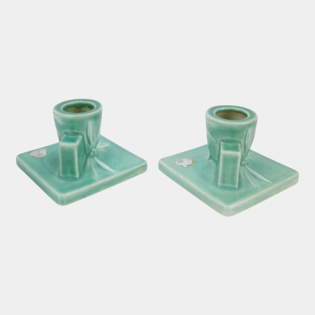 Roseville Dawn Green Vintage Art Deco Pottery Ceramic Candle Holders 1121