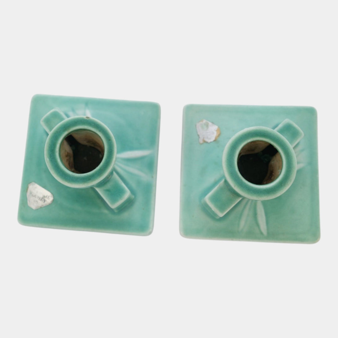 Roseville Dawn Green Vintage Art Deco Pottery Ceramic Candle Holders 1121