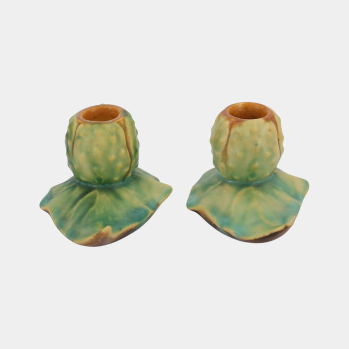 Roseville Thornapple Brown 1937 Vintage Art Deco Pottery Candle Holders 1117