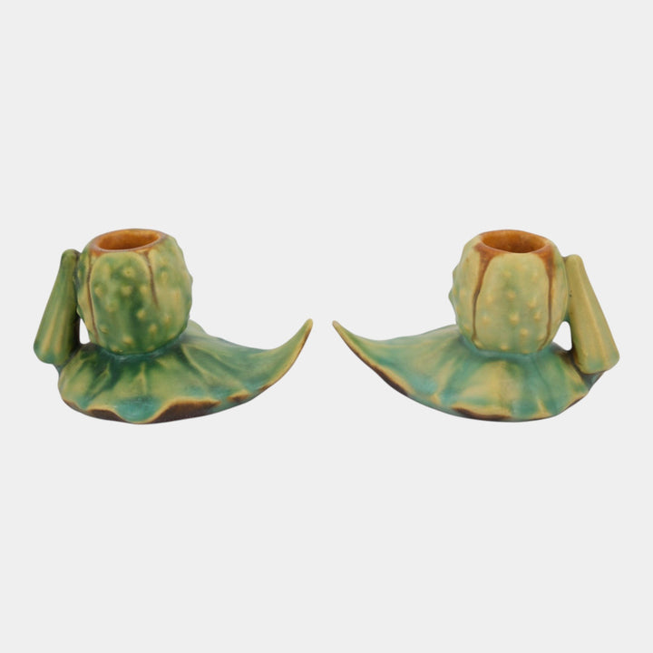 Roseville Thornapple Brown 1937 Vintage Art Deco Pottery Candle Holders 1117
