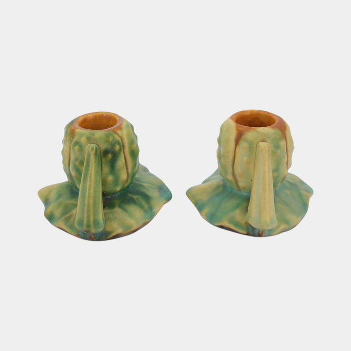 Roseville Thornapple Brown 1937 Vintage Art Deco Pottery Candle Holders 1117