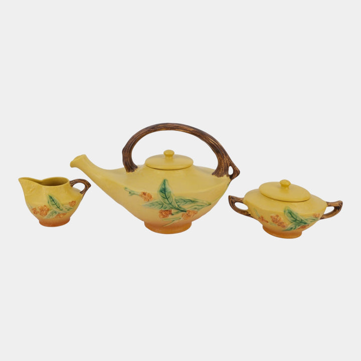 Roseville Bittersweet Yellow 1951 Pottery Teapot Sugar Bowl Creamer 871