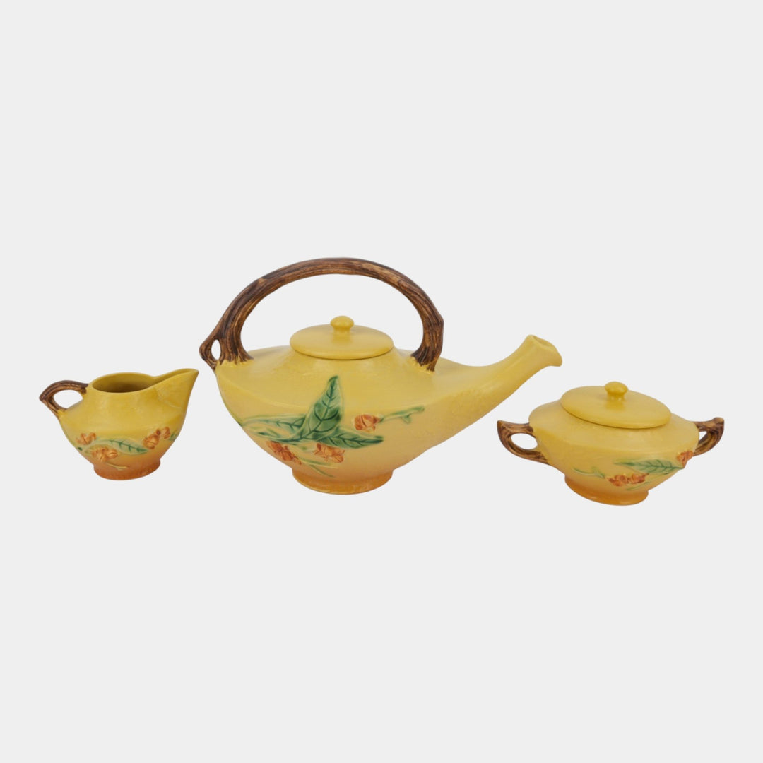 Roseville Bittersweet Yellow 1951 Pottery Teapot Sugar Bowl Creamer 871