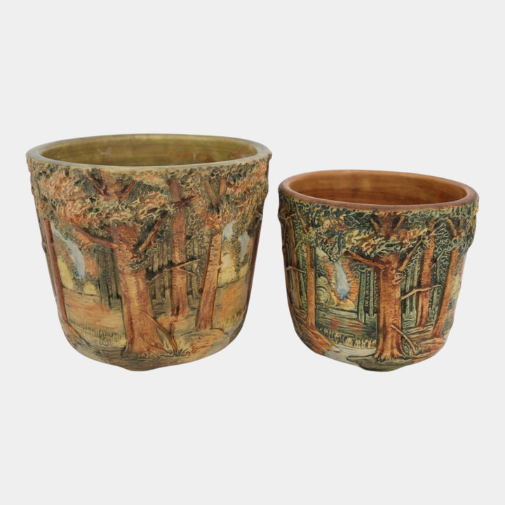 Weller Forest 1920s Vintage Pottery Green Scenic Landscape Jardiniere Planters