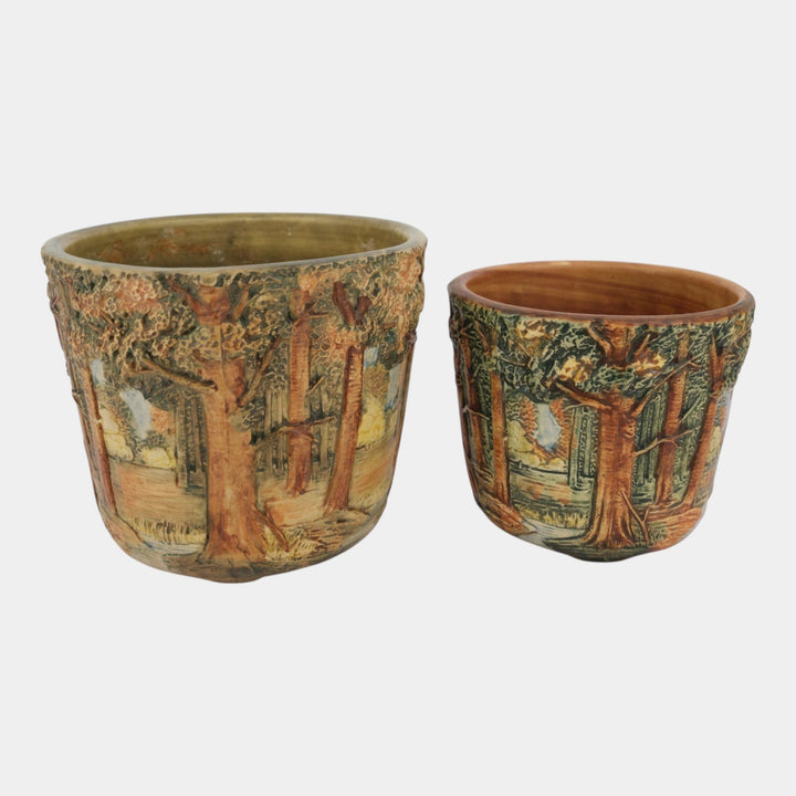 Weller Forest 1920s Vintage Pottery Green Scenic Landscape Jardiniere Planters