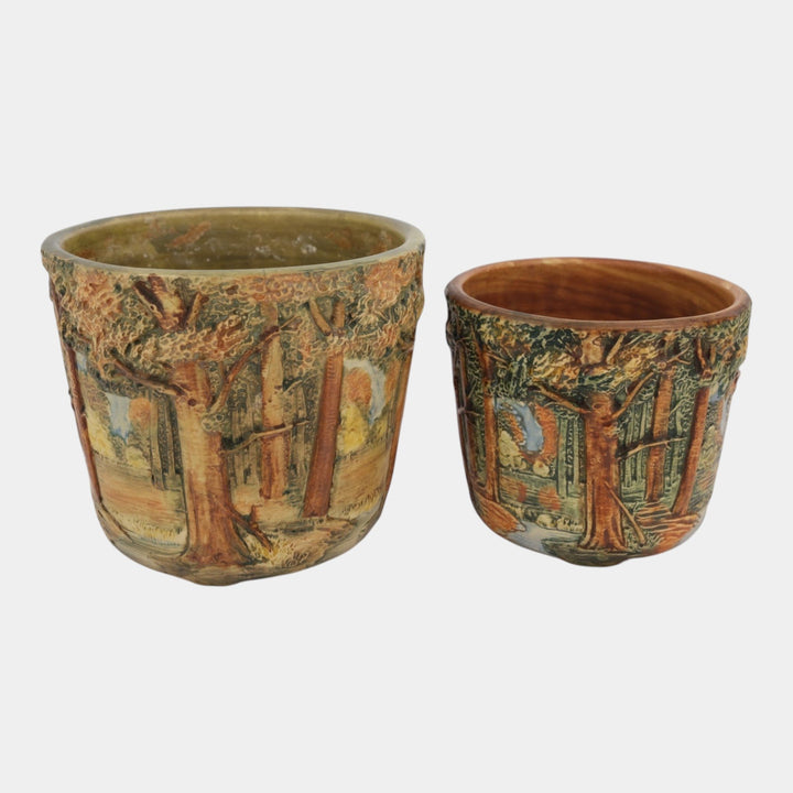 Weller Forest 1920s Vintage Pottery Green Scenic Landscape Jardiniere Planters