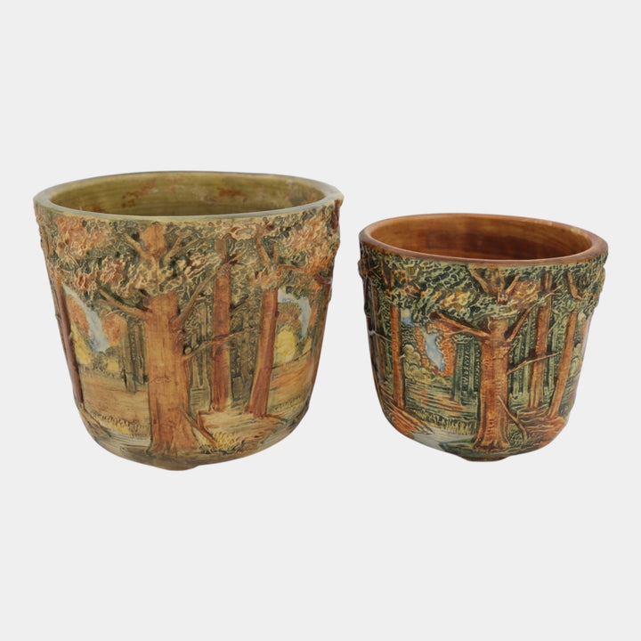 Weller Forest 1920s Vintage Pottery Green Scenic Landscape Jardiniere Planters