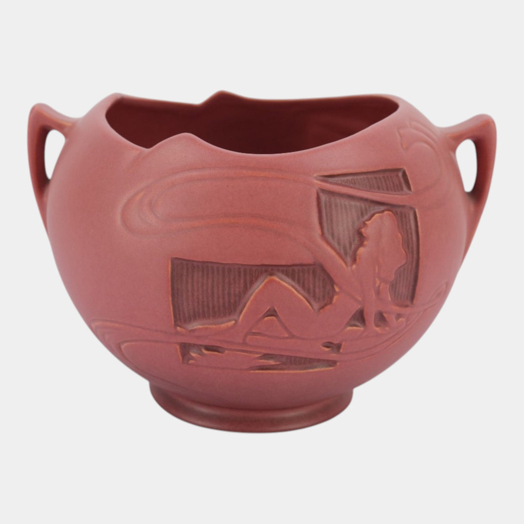 Roseville Silhouette Red 1950 Vintage Art Deco Pottery Nude Bowl Vase 742-6