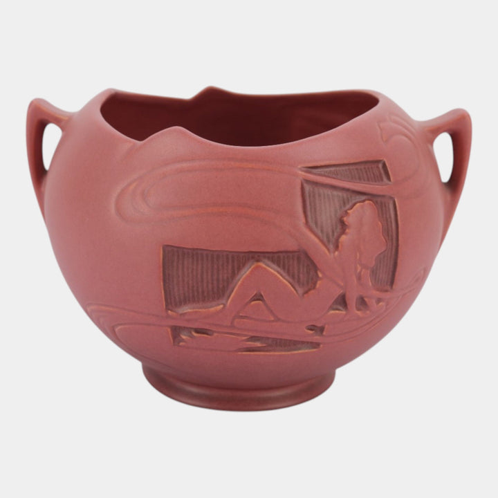 Roseville Silhouette Red 1950 Vintage Art Deco Pottery Nude Bowl Vase 742-6