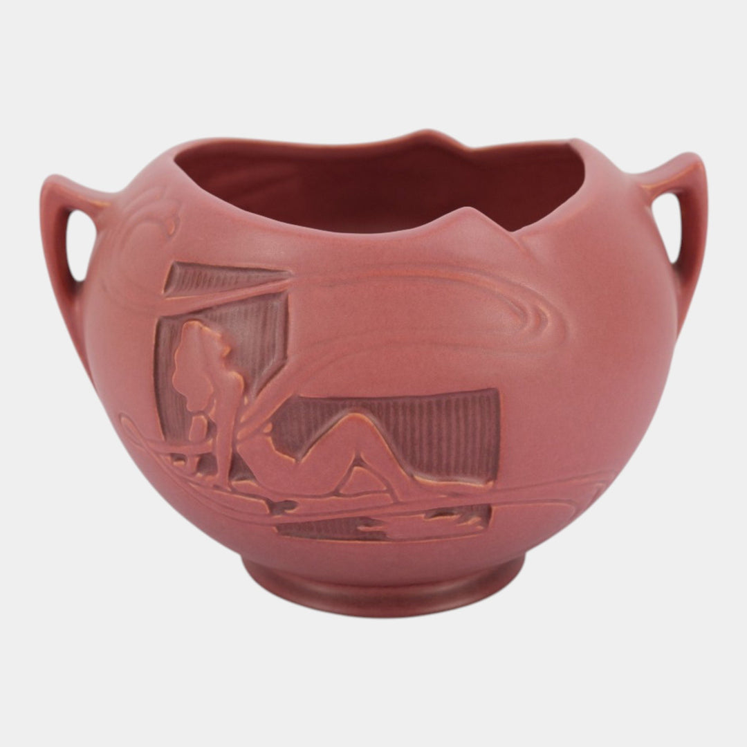 Roseville Silhouette Red 1950 Vintage Art Deco Pottery Nude Bowl Vase 742-6