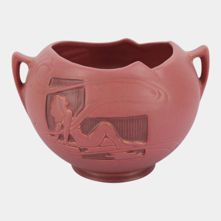 Roseville Silhouette Red 1950 Vintage Art Deco Pottery Nude Bowl Vase 742-6