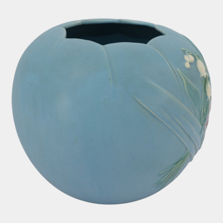 Weller Bouquet 1930s Vintage Art Pottery Blue Floral Large Bulbous Vase B-13