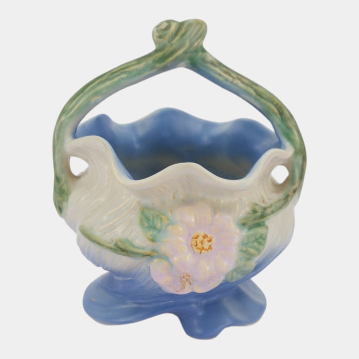 Weller Roba 1930s Vintage Art Pottery White Floral Blue Ceramic Basket R-6