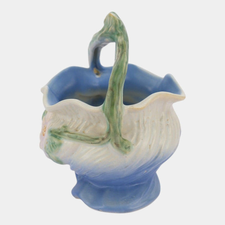 Weller Roba 1930s Vintage Art Pottery White Floral Blue Ceramic Basket R-6