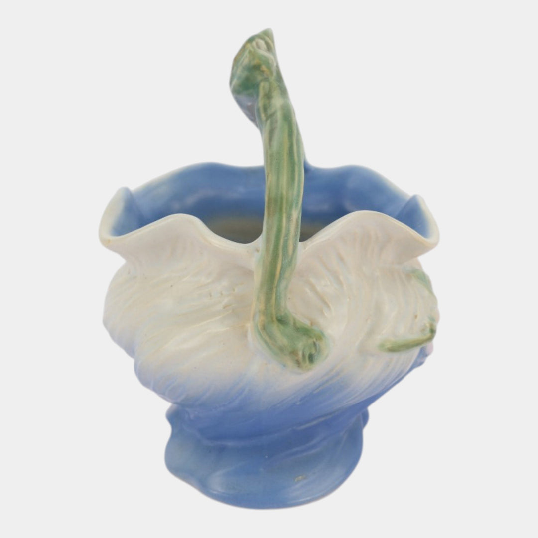Weller Roba 1930s Vintage Art Pottery White Floral Blue Ceramic Basket R-6