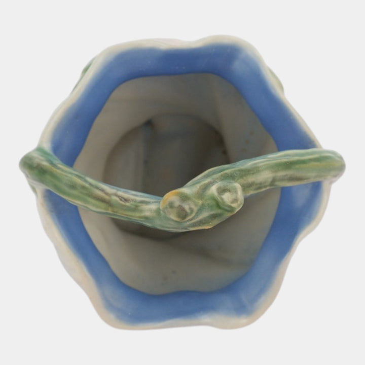 Weller Roba 1930s Vintage Art Pottery White Floral Blue Ceramic Basket R-6