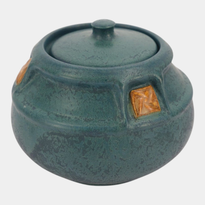 Ephraim Faience 2023 Hand Made Pottery Mottled Blue Green Craftsman Rose Jar