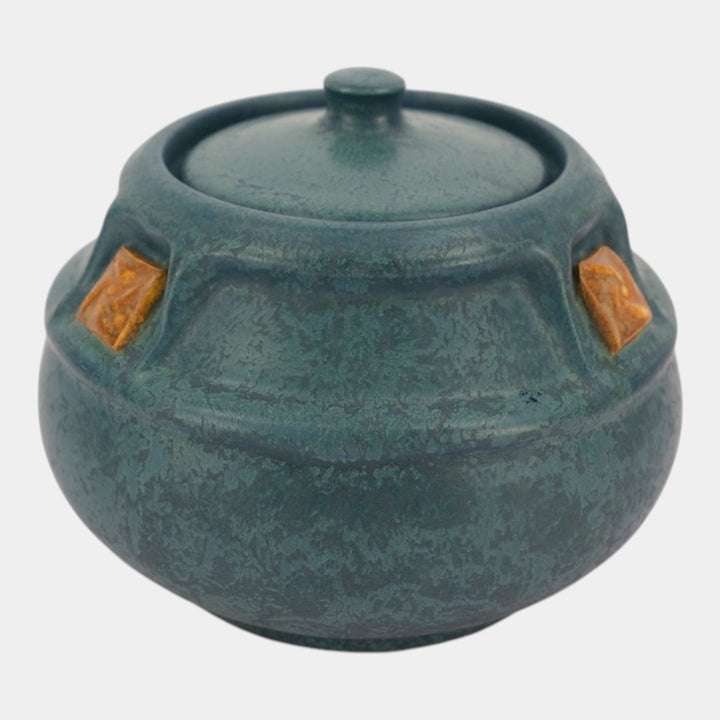 Ephraim Faience 2023 Hand Made Pottery Mottled Blue Green Craftsman Rose Jar