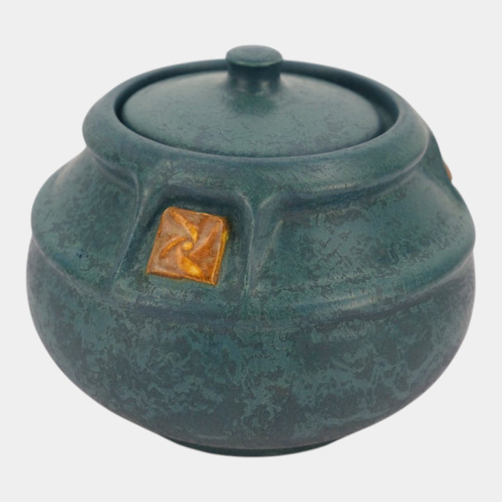 Ephraim Faience 2023 Hand Made Pottery Mottled Blue Green Craftsman Rose Jar