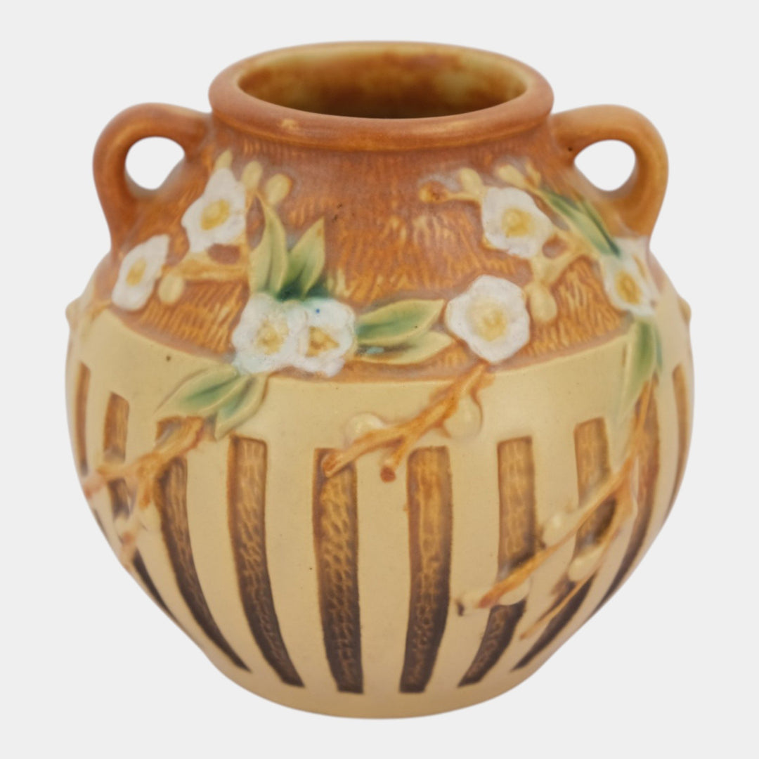 Roseville Cherry Blossom Brown 1933 Vintage Art Deco Pottery Ceramic Vase 618-5