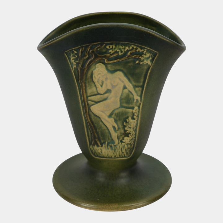 Roseville Rosecraft Panel Green 1926 Vintage Art Pottery Ceramic Nude Fan Vase