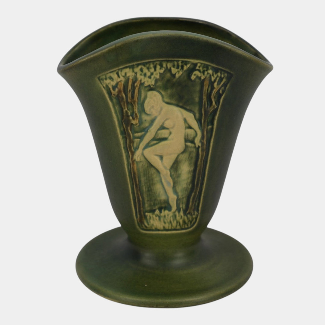 Roseville Rosecraft Panel Green 1926 Vintage Art Pottery Ceramic Nude Fan Vase