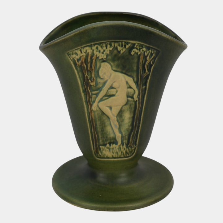 Roseville Rosecraft Panel Green 1926 Vintage Art Pottery Ceramic Nude Fan Vase