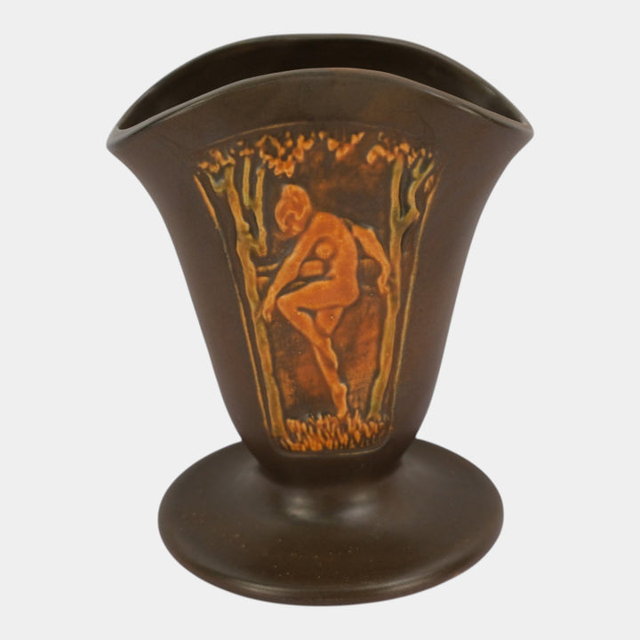 Roseville Rosecraft Panel Brown 1926 Vintage Art Pottery Ceramic Nude Fan Vase