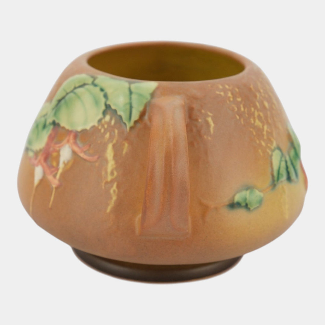 Roseville Fuchsia Brown1938 Vintage Art Pottery Handled Ceramic Bowl Vase 346-4