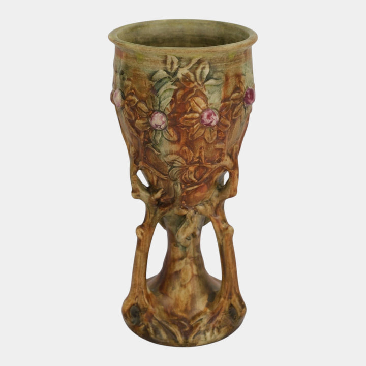 Weller Woodcraft 1920s Vintage Art Pottery Green Brown Ceramic Chalice Vase