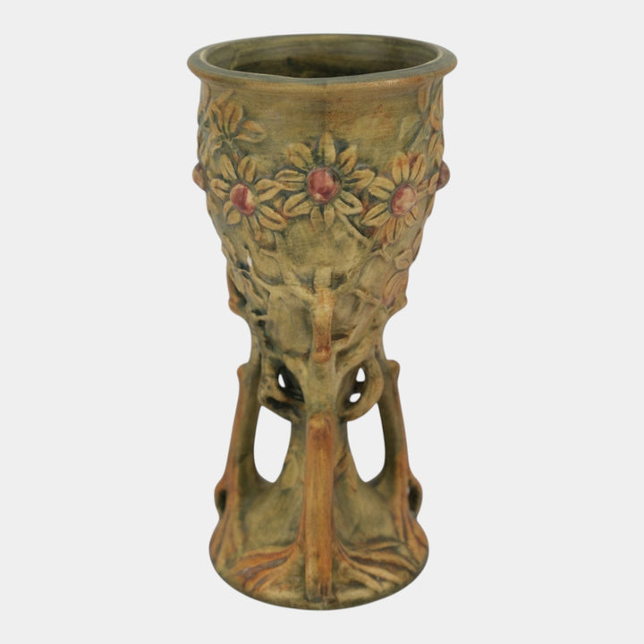 Weller Woodcraft 1920s Vintage Art Pottery Green Brown Ceramic Chalice Vase