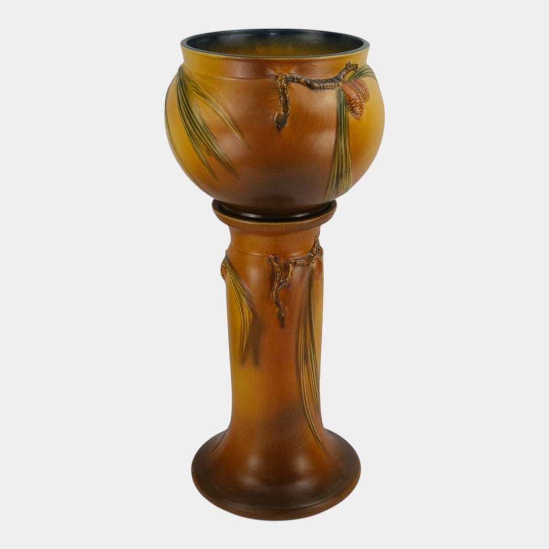 Roseville Pine Cone Brown 1936 Vintage Art Pottery Jardiniere and Pedestal 632-8