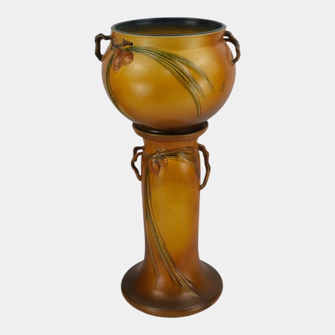 Roseville Pine Cone Brown 1936 Vintage Art Pottery Jardiniere and Pedestal 632-8