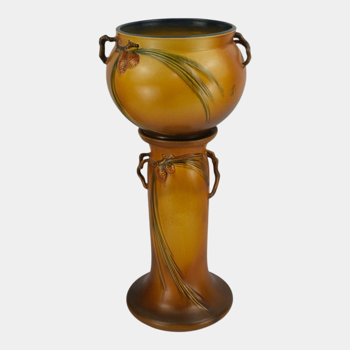 Roseville Pine Cone Brown 1936 Vintage Art Pottery Jardiniere and Pedestal 632-8