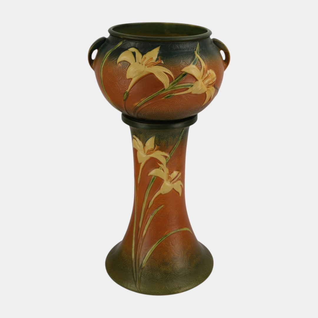 Roseville Zephyr Lily Brown 1946 Art Pottery Ceramic Jardiniere Pedestal 671-8