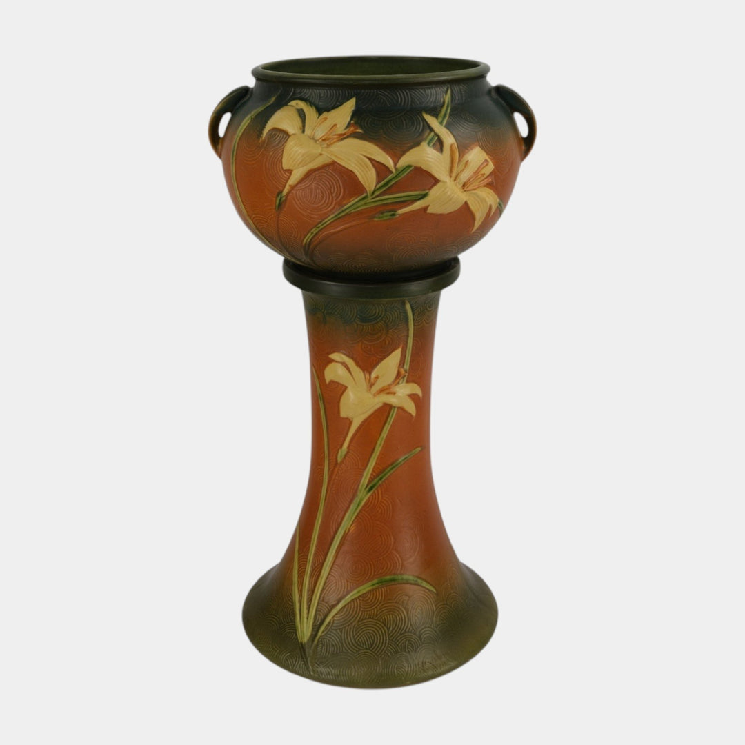 Roseville Zephyr Lily Brown 1946 Art Pottery Ceramic Jardiniere Pedestal 671-8