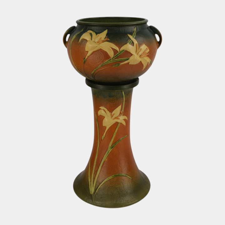 Roseville Zephyr Lily Brown 1946 Art Pottery Ceramic Jardiniere Pedestal 671-8