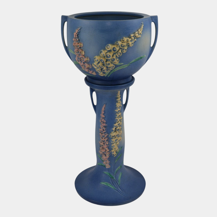 Roseville Foxglove Blue 1942 Art Pottery Jardiniere Planter and Pedestal 659-10