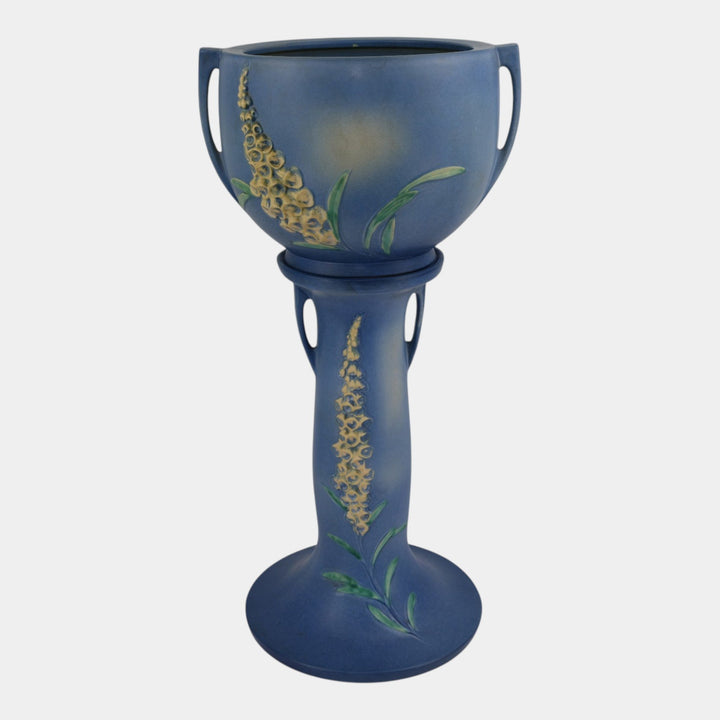 Roseville Foxglove Blue 1942 Art Pottery Jardiniere Planter and Pedestal 659-10