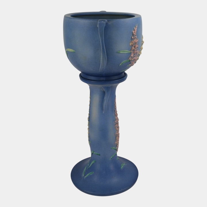 Roseville Foxglove Blue 1942 Art Pottery Jardiniere Planter and Pedestal 659-10