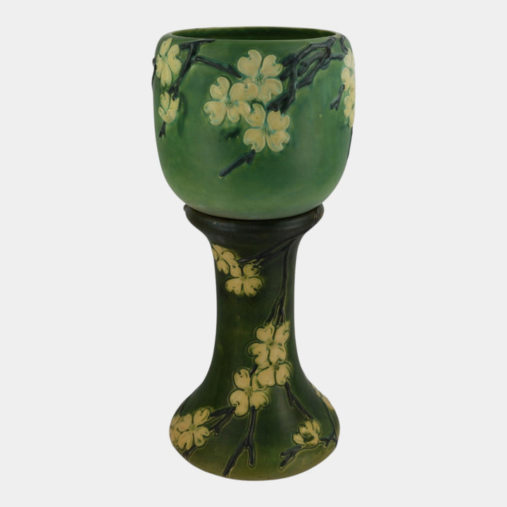 Roseville Dogwood Smooth 1920 Vintage Pottery Green Jardiniere Pedestal 590-10