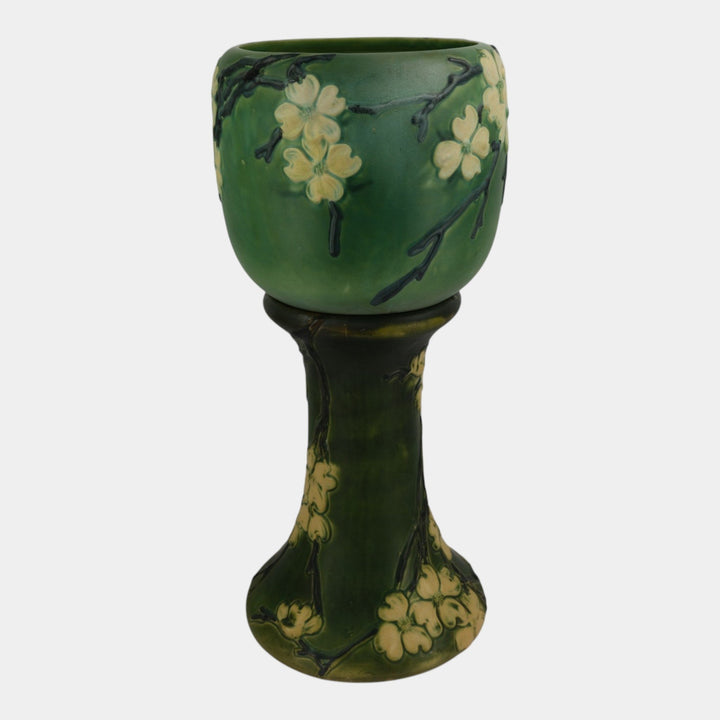 Roseville Dogwood Smooth 1920 Vintage Pottery Green Jardiniere Pedestal 590-10