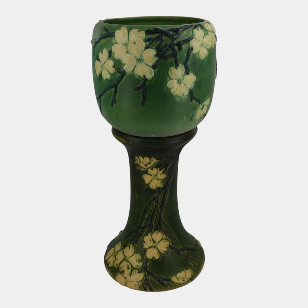 Roseville Dogwood Smooth 1920 Vintage Pottery Green Jardiniere Pedestal 590-10
